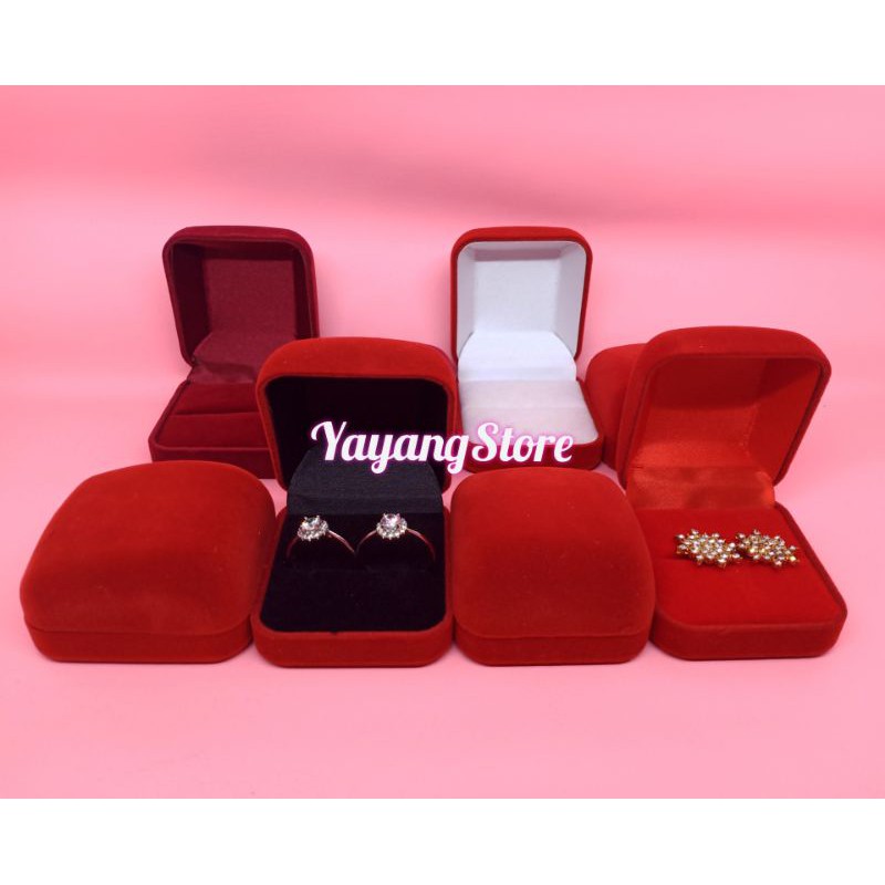 KOTAK CINCIN / TEMPAT CINCIN / BOX CINCIN ANTING KALUNG 2 CINCIN BELUDRU MERAH BIRU HITAM IMPORT