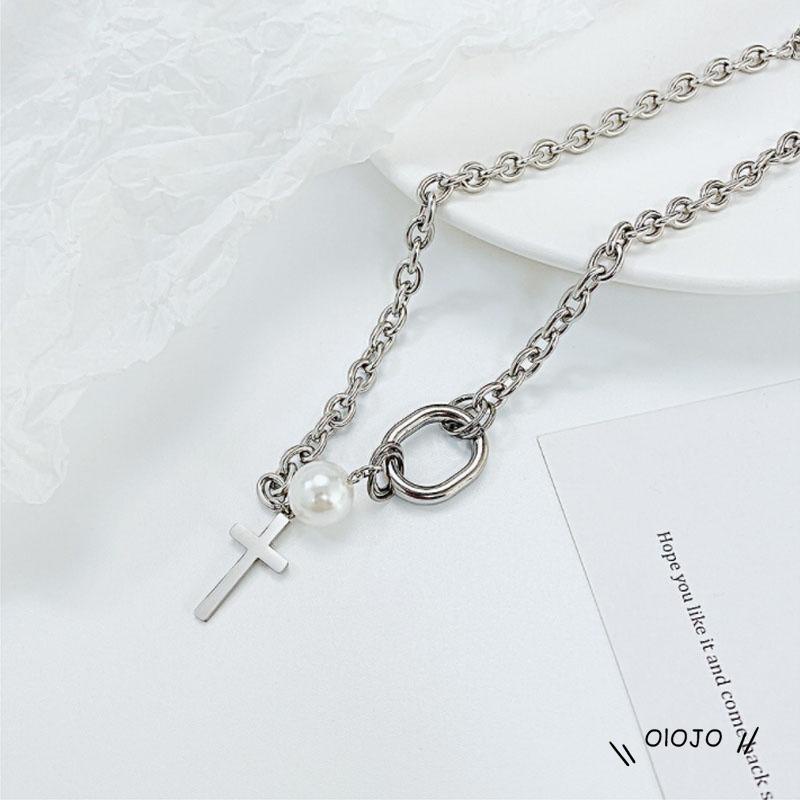 Korea Ins Cross Kalung Mutiara Clavicle Chain Aksesoris Fashion Wanita - ol