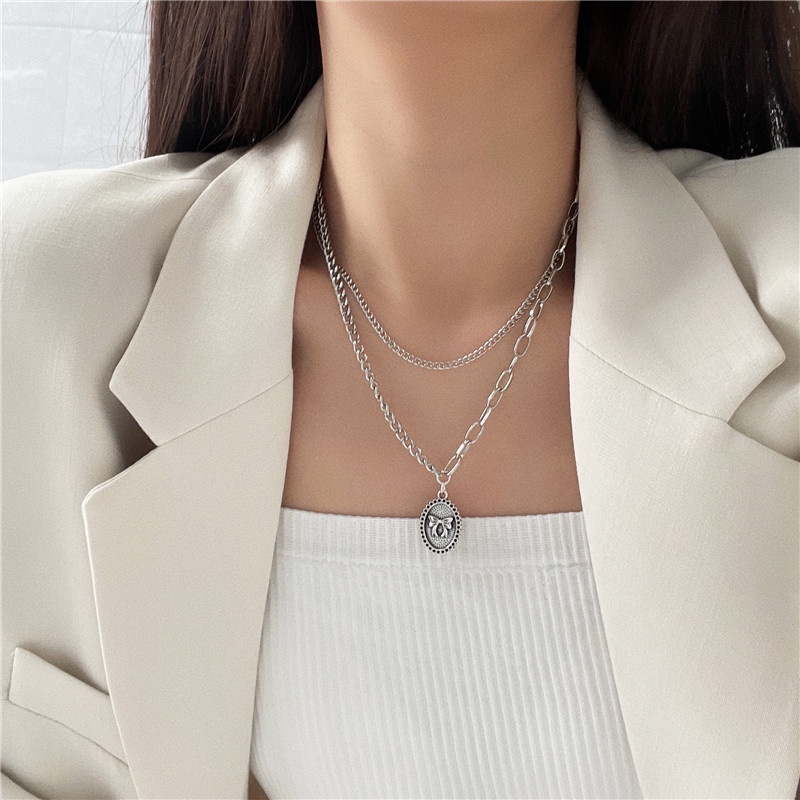 Kalung Rantai Liontin Pita Geometris Warna Silver Gaya Punk Antik Retro Hip-Hop