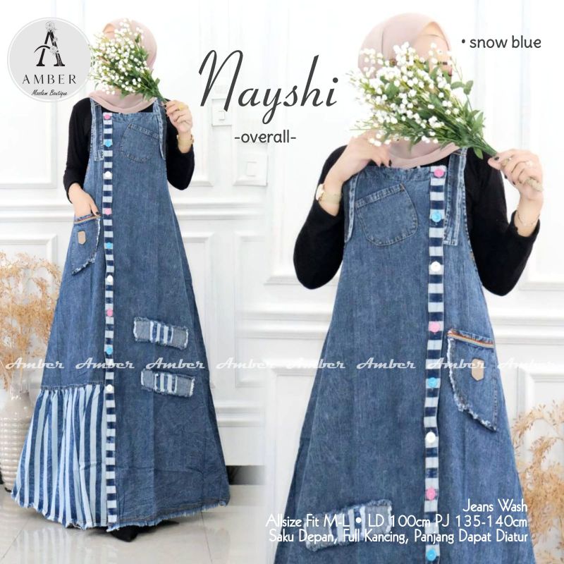 Nayshi Celena Brena Shena Overall By AMBER | Maxy Overall Rompi Jeans Jumbo Wanita Muslim Kekinian