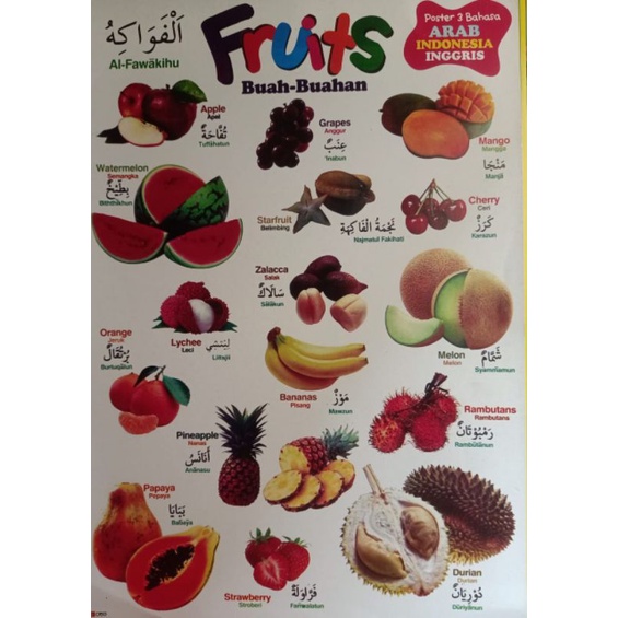 Poster  edukasi anak mengenal sayuran & buah-buahan ( 3 bahasa Indonesia,Inggris, Arab )