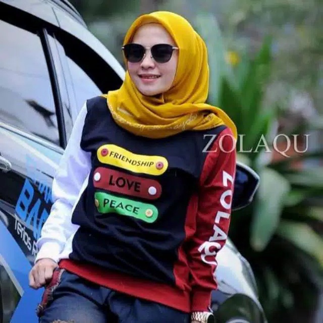Kaos Zolaqu Kombinasi Navy Atasan Wanita Kaos Lengan Panjang Bahan Combed Premium 20s
