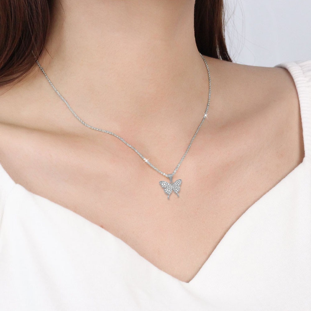 XiaoboACC Kalung Rantai Titanium Steel Liontin Kupu-Kupu Hias Zircon Ukuran Untuk Wanita - 38CM + 6CM