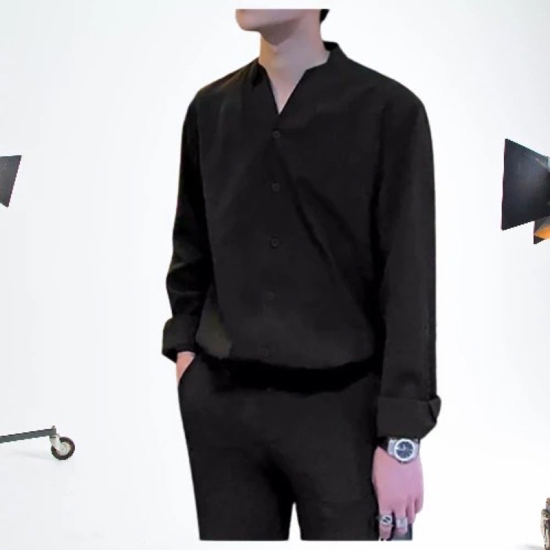 kemeja Korea lengan panjang pendek kerah V cuban korea polos tanpa kerah pria