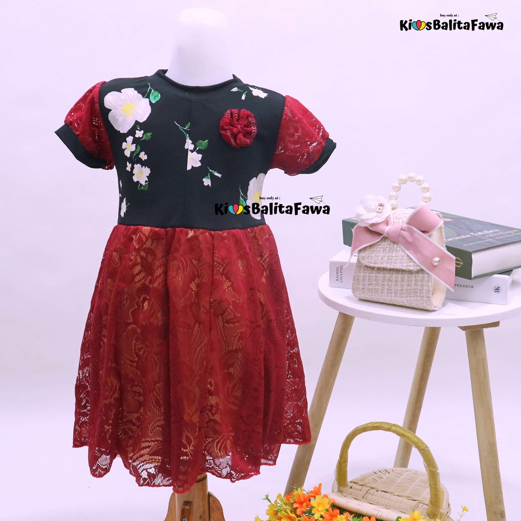 Dress Yuki uk 1-4 Tahun / Dres Kombi Brukat Lengan Anak Perempuan Baju Gaun Pesta