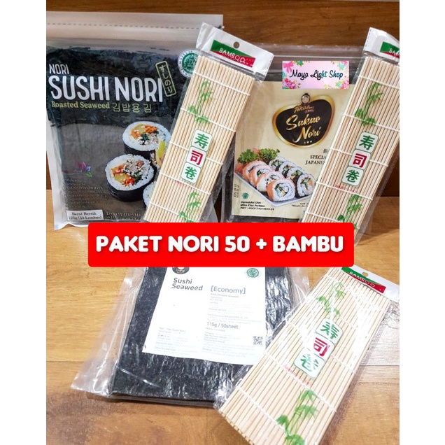 Paket sushi nori 50 lembar + 1bambu makisu sushimat penggulung sushi bamboo dry seaweed halal murah