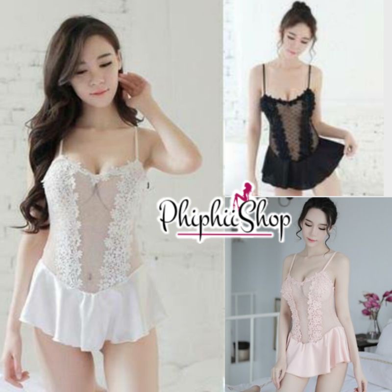 《Phiphii》Mini Dress Lingerie Satin Renda Polkadot Brokat Bunga Hitam Putih Pink