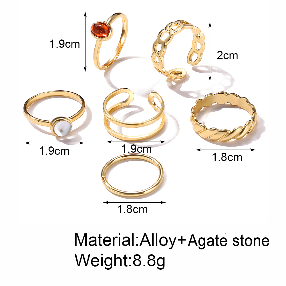 6pcs / Set Cincin Emas Adjustable Hias Batu Akik Gaya Retro