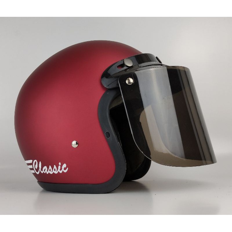 Helm Bogo Retro Dewasa Classic Garis Polos Murah Maroon Doff kaca Datar Smoke
