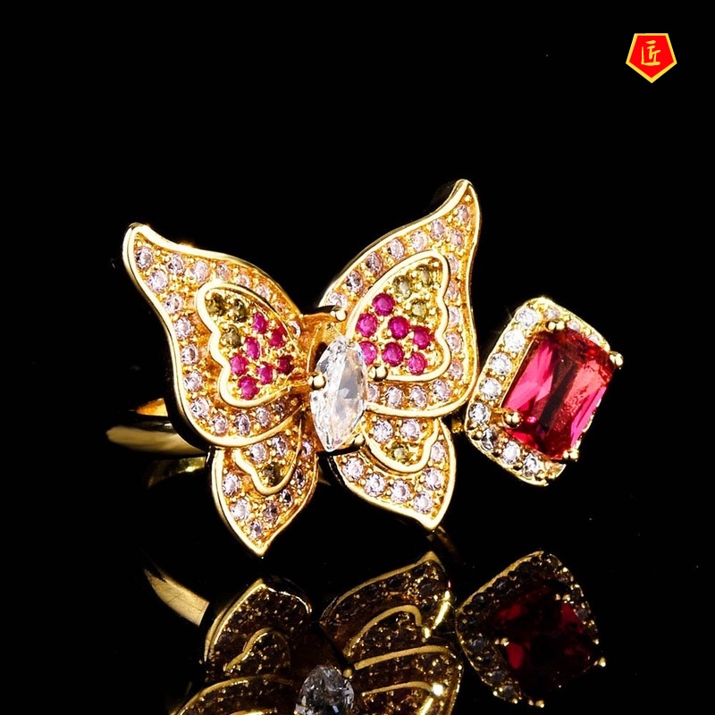 [Ready Stock]Natural Ruby Butterfly Ring 18K Gold Full Diamond