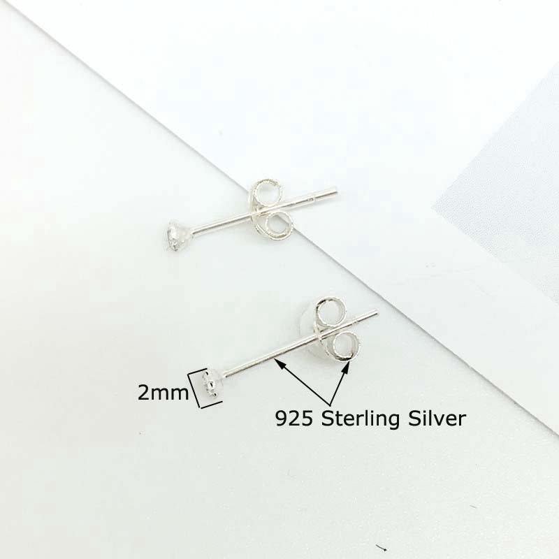 2 Pcs Anting Tusuk Mini Sterling Silver 925 dengan Berlian Imitasi untuk Dewasa / Anak