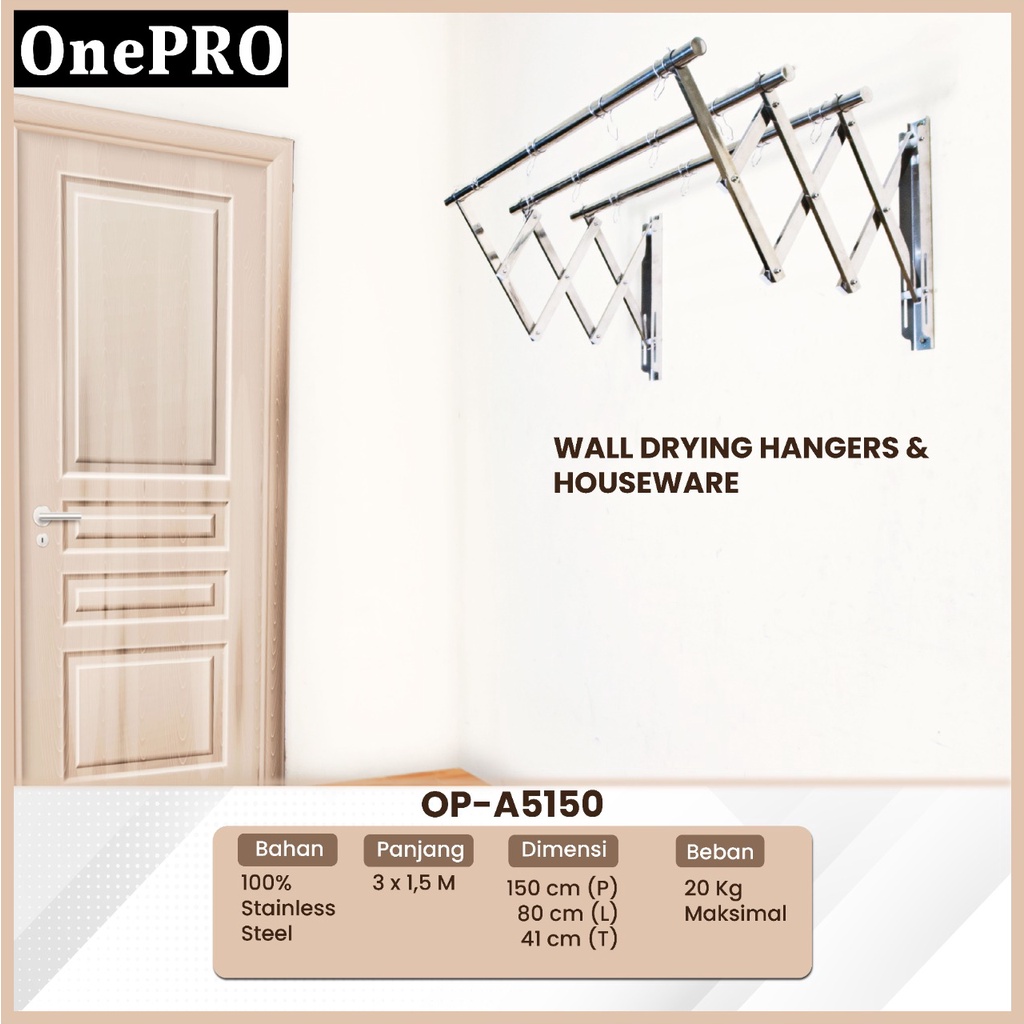 Jemuran Dinding Baju Stainless Steel Onepro OP-A5150 / Jemuran Lipat Gantung