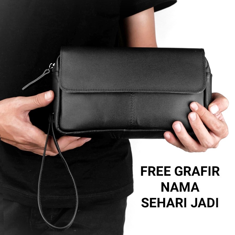 Clutch Bag Unisex Hand bag pria Wanita Bahan Kulit Asli FREE GRAFIR NAMA