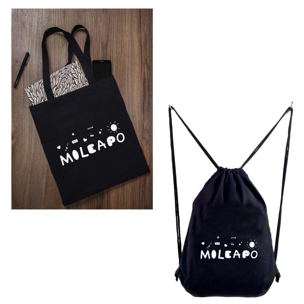 Totebag / Stringbag Motif Tulisan Mileapo bahan drill hitam Raikantopeni Thailand merchandise thai actor Kinnporsche series