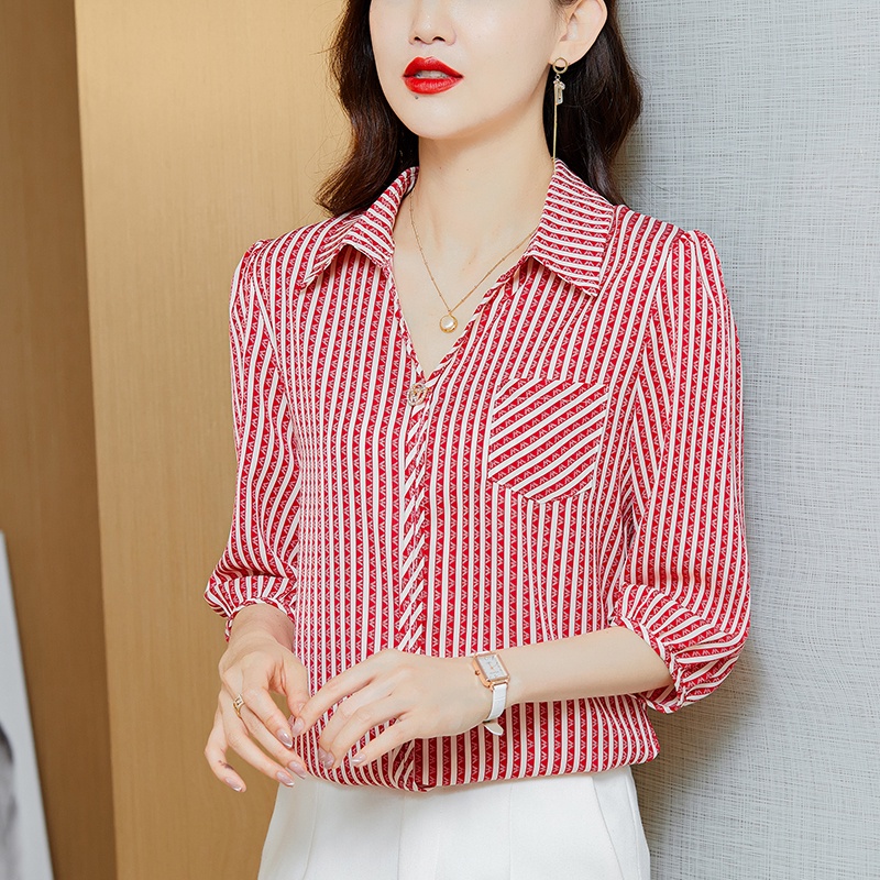 COD 2022 New Fashion Korean Style Red Black Stripes Women Blouse Summer 3/4 Sleeve Length Shirts Tops 2023t Kemeja Korean Style Wanita Kemeja Kerja Wanita