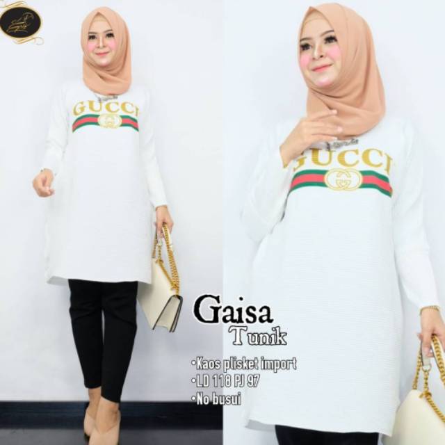 Tunik gaisa/white gucci/kaos plisket import/tebal adem/ld118/no busui