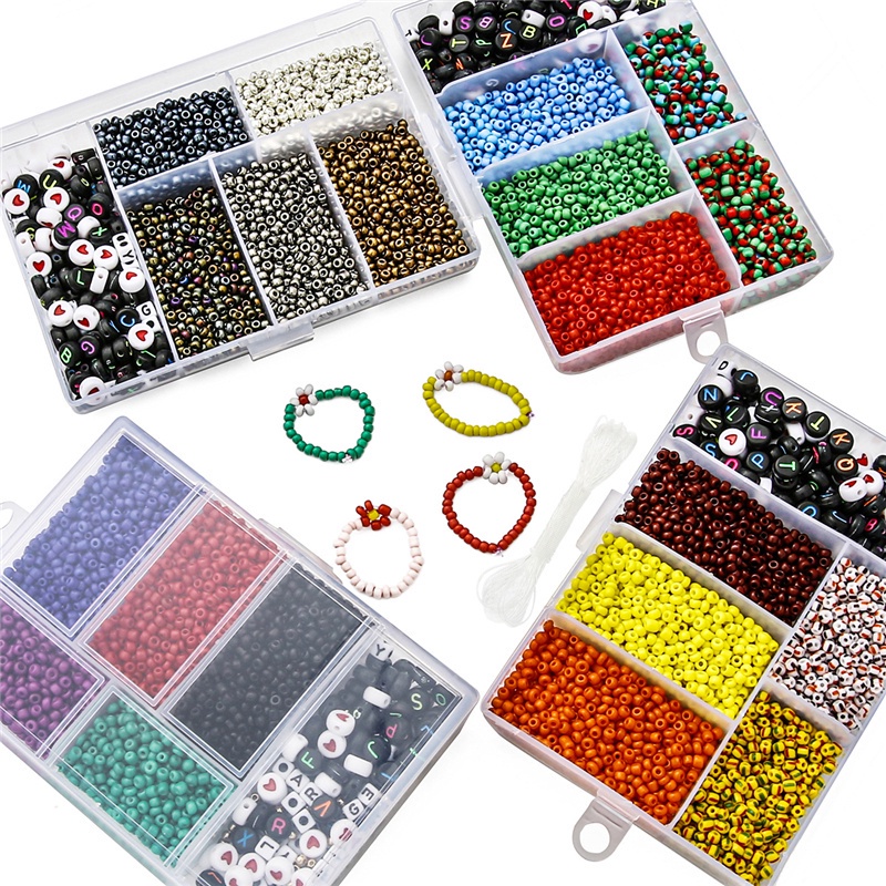 3500Pcs/box 3mm Glass Seed Beads Plastic Alphabet Letter Heart Beads with 5M Elastic Cord Mix Kits For Jewelry DIY Bracelet Make