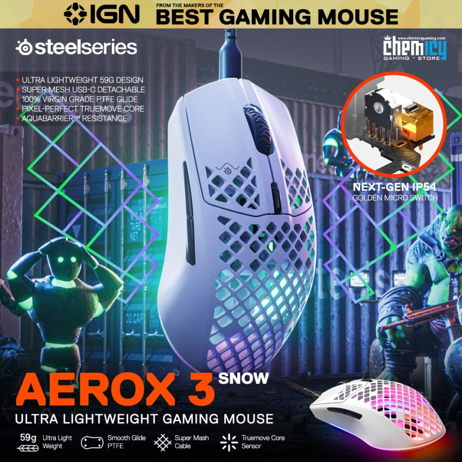 Steelseries Aerox 3 Snow RGB Ultra-Lightweight Gaming Mouse