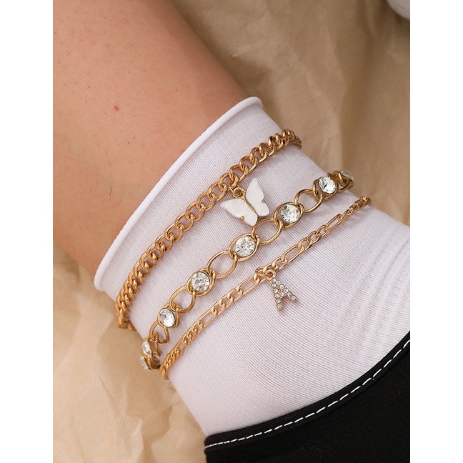 LRC Gelang Kaki Fashion Gold Color Letter Diamond Resin Butterfly Alloy Multilayer Anklet K97846