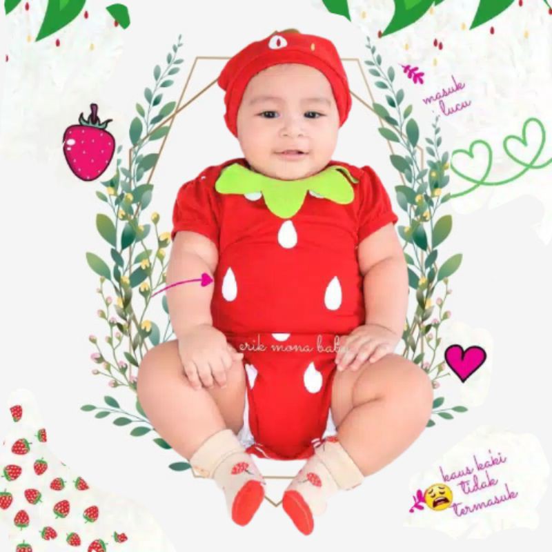 Jumper Bayi Strawberry Baju Bayi Perempuan Kostum Bayi