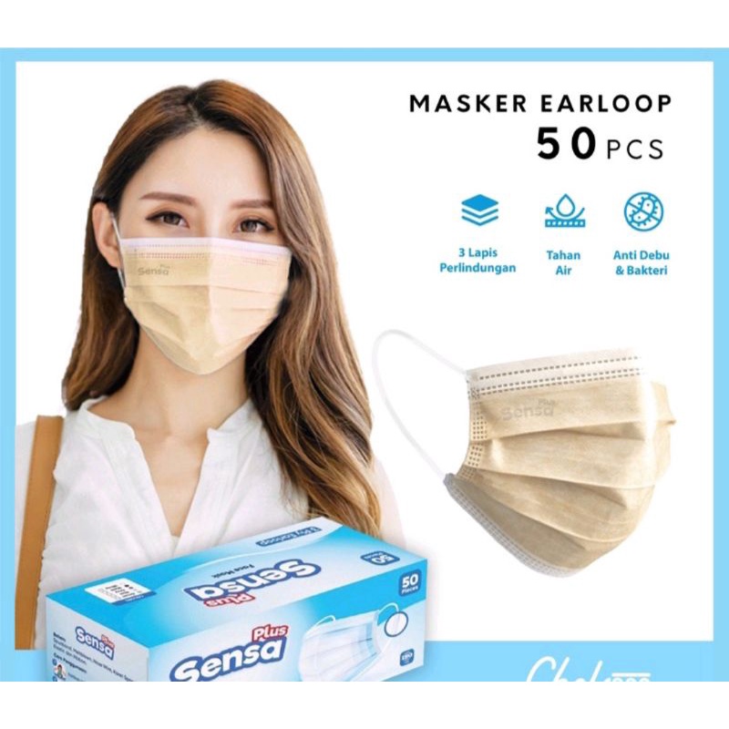 Masker SENSA plus isi50 Earloop warna coklat khaki