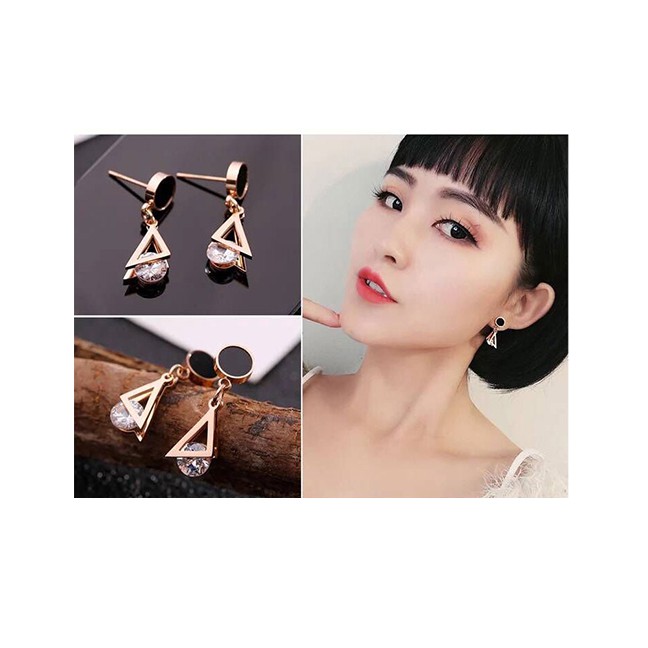 LRC Anting Tusuk Fashion Rose Gold+black Triangle Shape Decorated A56684