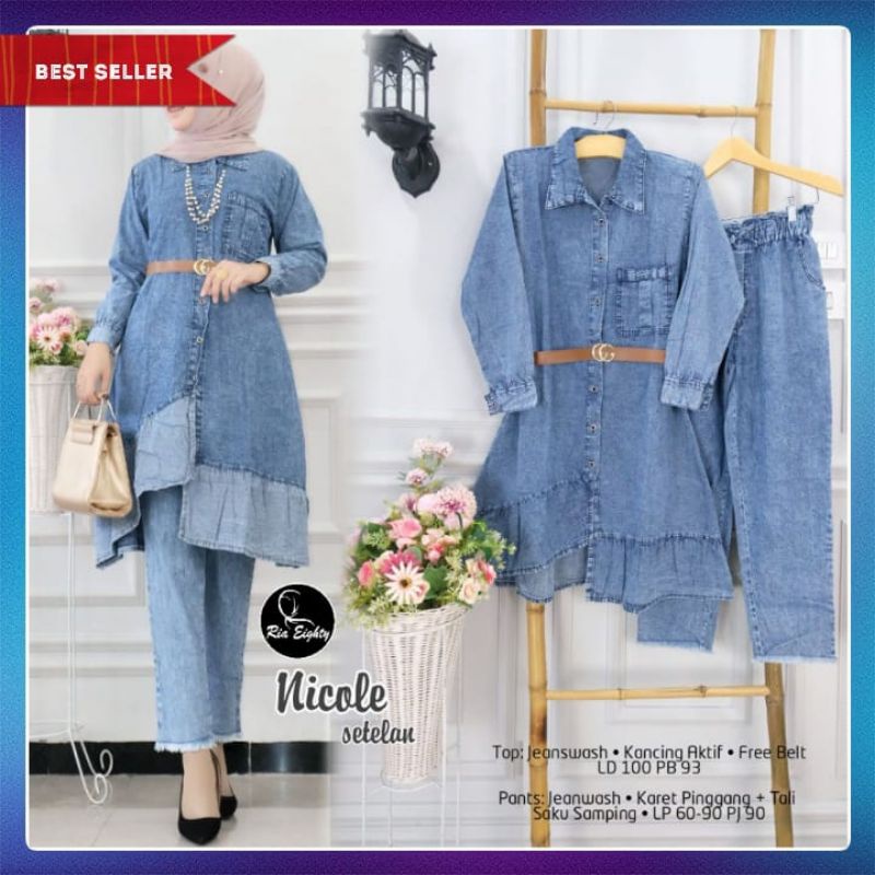 Stelan Jeans Wanita Nicole Baju Setelan Jeans Wanita Ria Bahan Jeanwash Premium