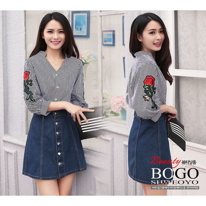 Jual Hem salur bunga FT  kemeja wanita katun salur hitam Limited