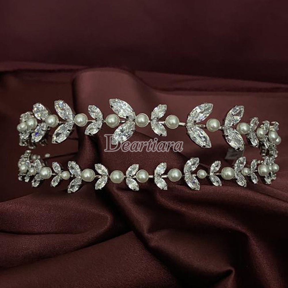 Headband Bentuk Daun Aksen Mutiara Bahan Zircon Gaya Eropa Amerika Untuk Aksesoris Pernikahan