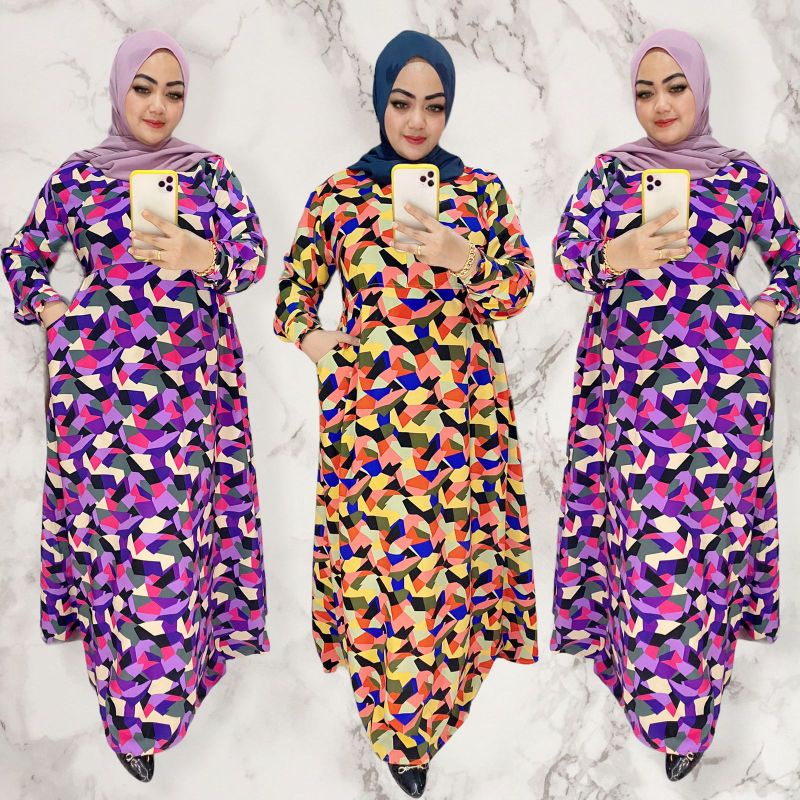 Gamis silk maxmara abstrak premium kekinian pelangi terang lilac kuning pink ungu iys collection
