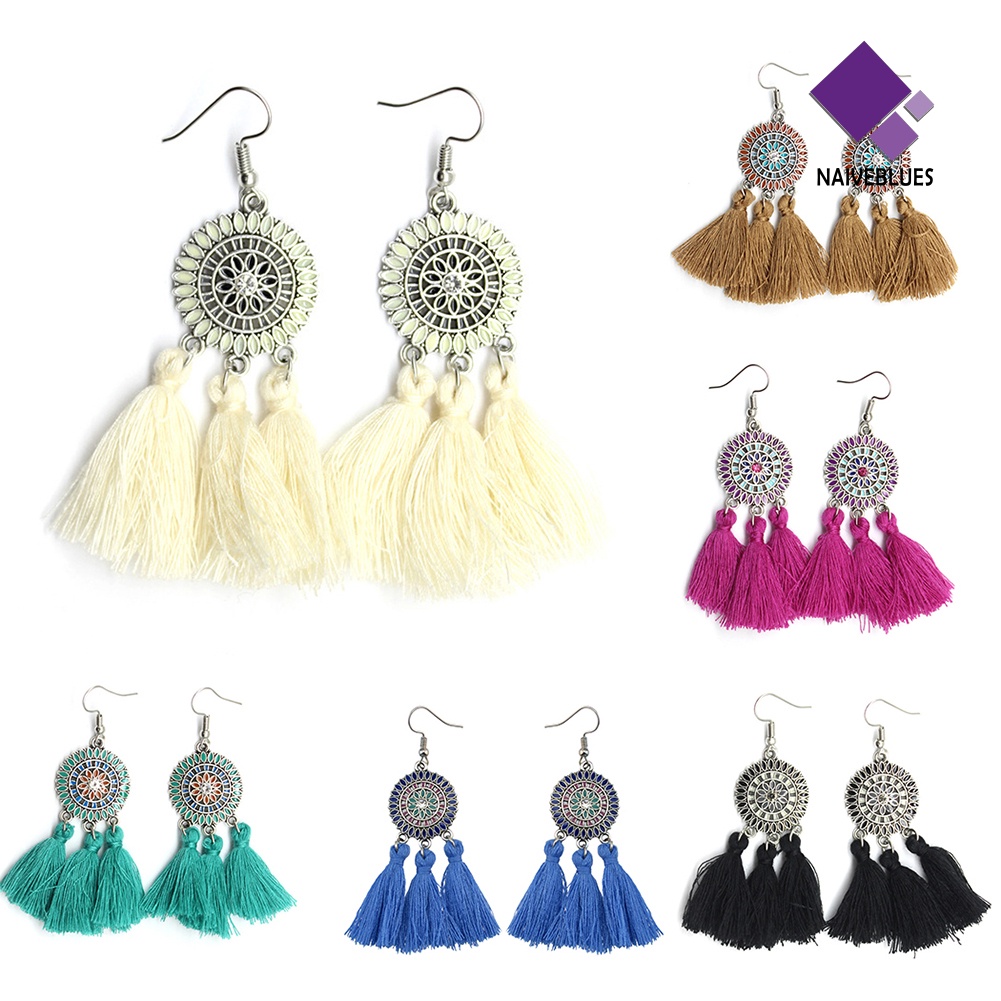 Naiveblue &gt; Anting Gantung Panjang Kait Gaya Boho Motif Bunga Matahari + Rumbai Untuk Perhiasan Wanita