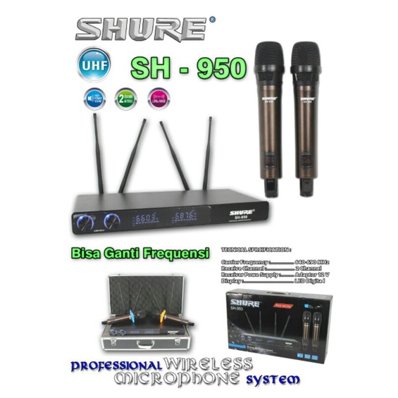 Mic Wireless Shure SH-950 Free Hardcase -- 2buah Mic Pegang/Handheld