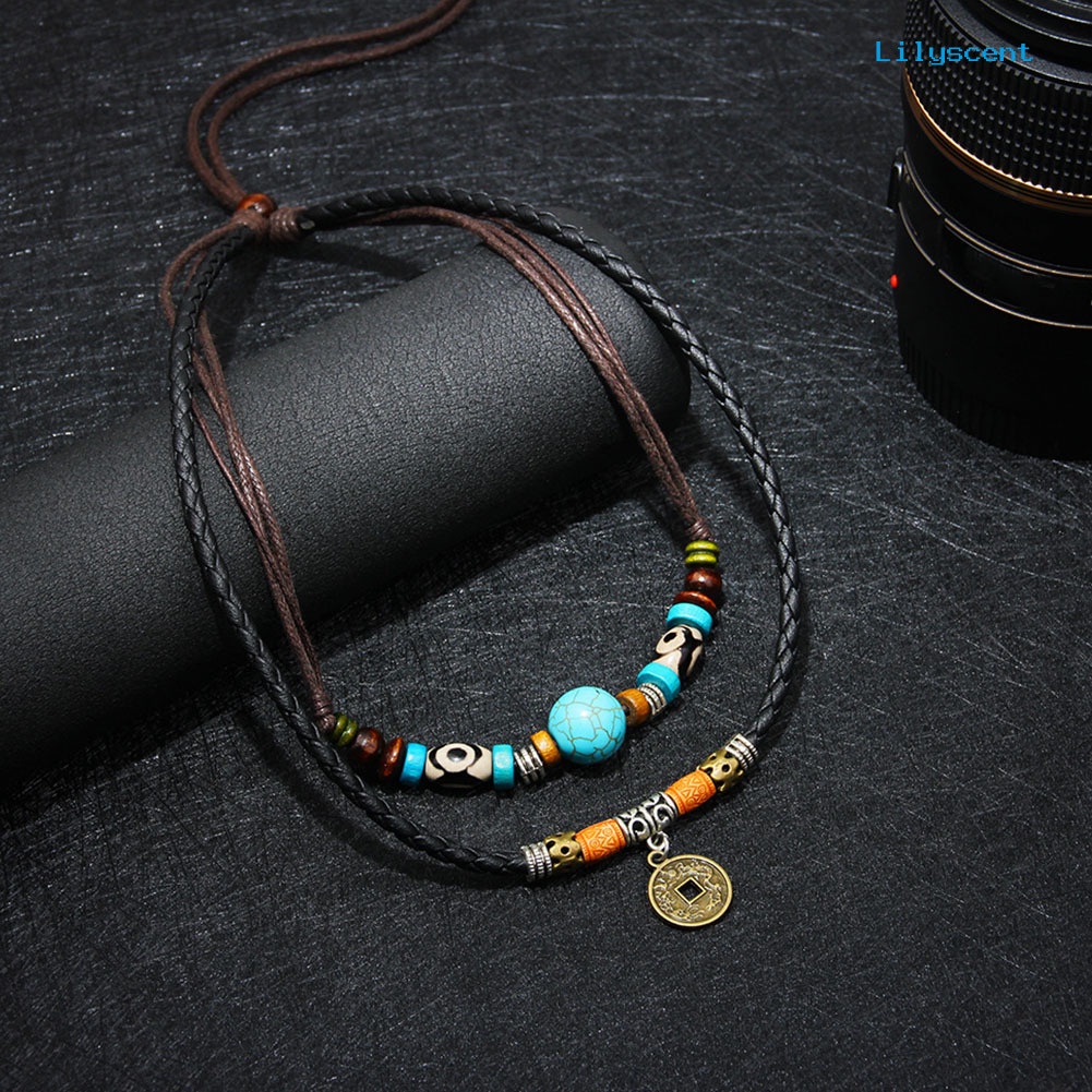 Kalung Choker Multilayer Dengan Liontin Koin Manik-Manik Turquoise Imitasi Untuk Pria