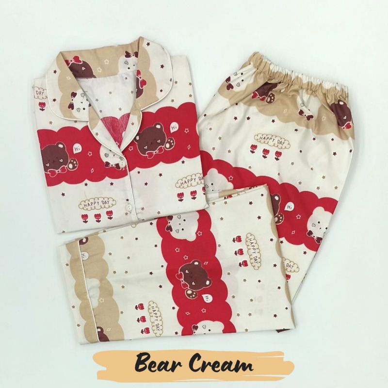 Baju Tidur Wanita | Piyama Wanita Kekinian | Oneset Setelan Wanita Bahan Katun Polymicro Bebas Pilih Motif-Bear Cream