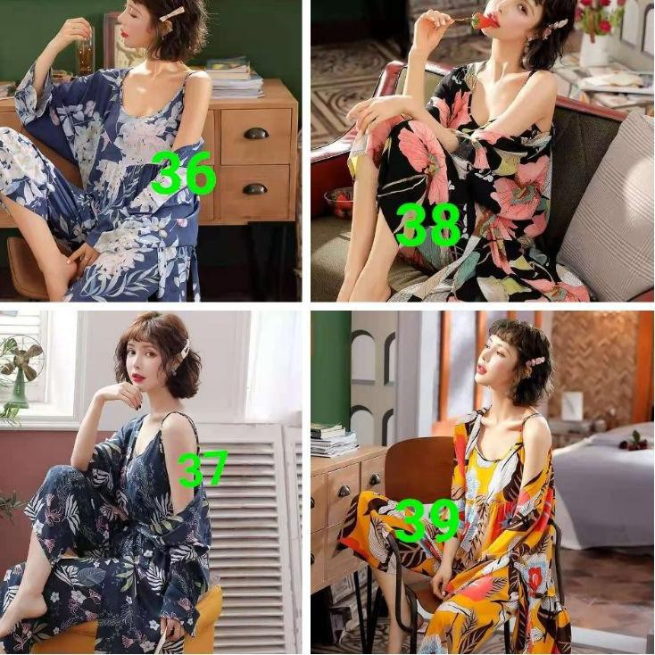 【CT】 Kimono set PP flower baju tidur bahan  spandek