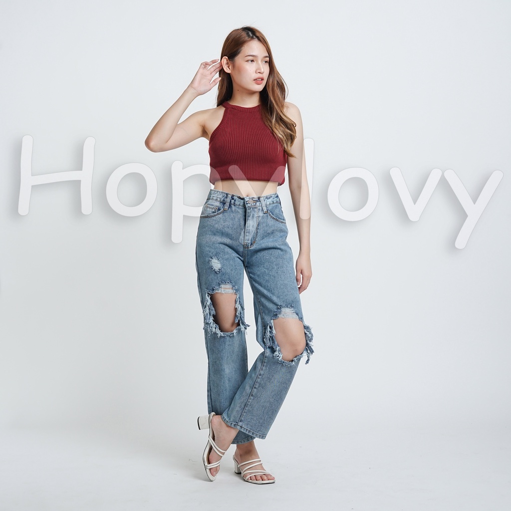 HOPYLOVY Tanktop Wanita Atasan Rajut Halter Kerah Rajut Knit Crop Top Abel