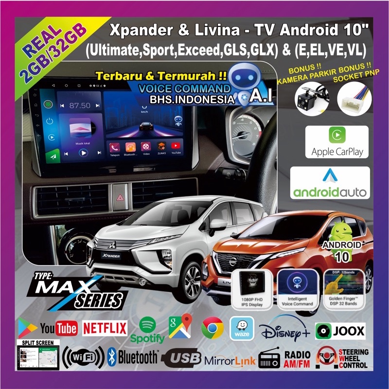 Jual Xpander-Livina 2018-2022 | Headunit Android 10, 2/32gb,IPS,Android Auto,Apple Carplay,Voice Command,Wifi,DSP 32band EQ (Bonus kamera Parkir & Socket PNP) | Shopee Indonesia