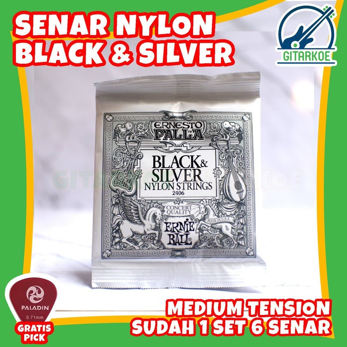 Senar Nylon ERNIE BALL Gitar Klasik Black &amp; Silver Classic Nilon String Normal Tension