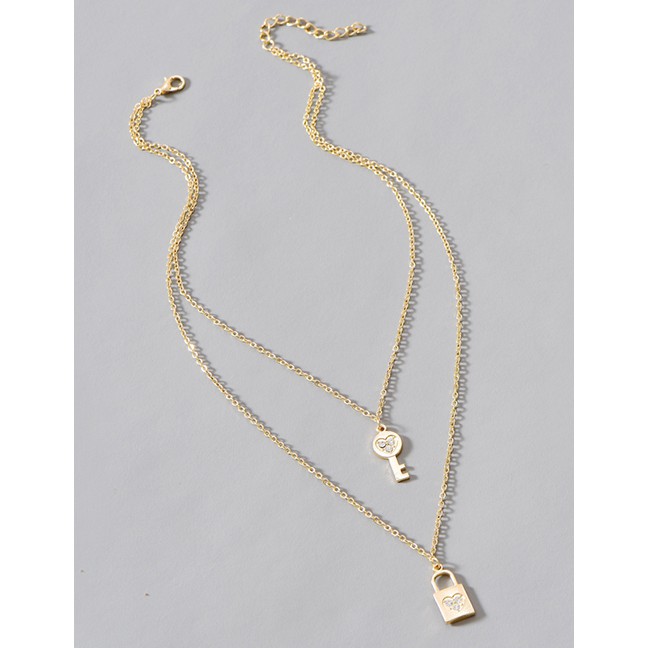 LRC Kalung Fashion Gold Color Alloy Double-layer Key Lock p82878