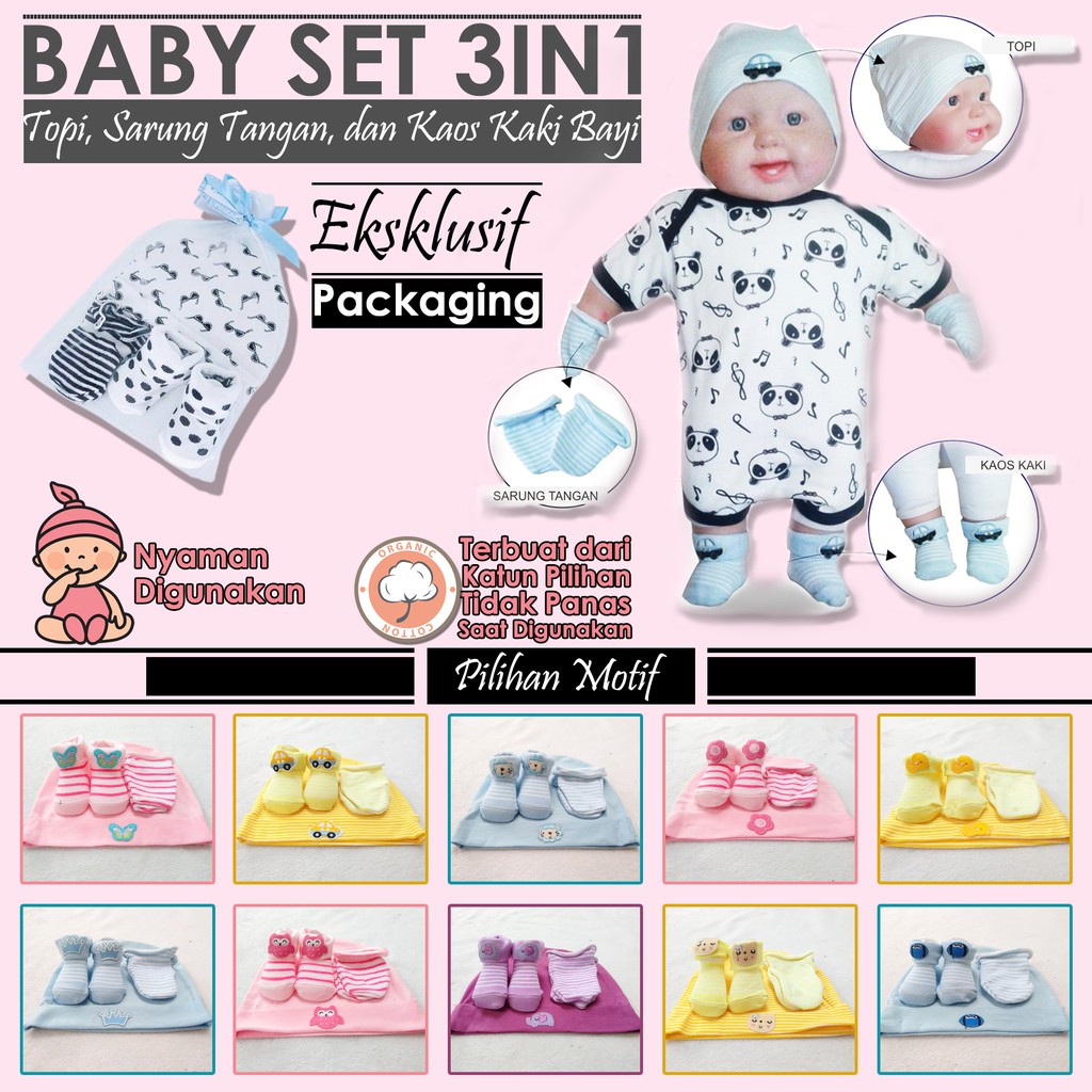 3in1 Topi Sarung Tangan Kaos Kaki Bayi Hat Sock Mitten Booties  Bayi stk