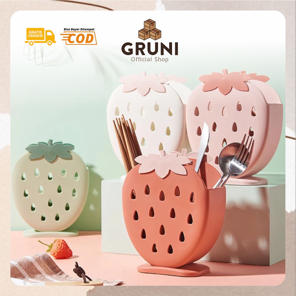 GRUNI KW0369 Tempat Tirisan Sendok Garpu Strawberry Tempat Sendok Garpu Pisau Makan Rak Sendok Lucu 