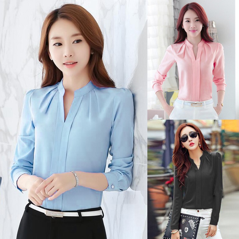 Kemeja Kantor Sifon Korea Wanita Blus Sifon Lengan Panjang Biru Hitam Merah Muda