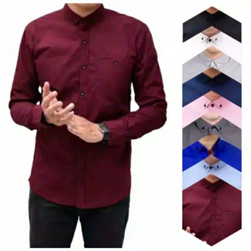 Promo kemeja Polos Pria Slimfit Panjang Maroon Putih Hitam Navy Abu