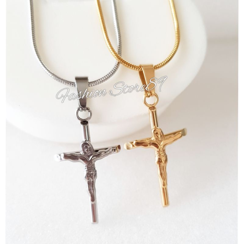 Kalung Salib Jesus Titanium Silver Gold Premium Antikarat Fashion Rohani Kalung Titanium Salib Antikarat