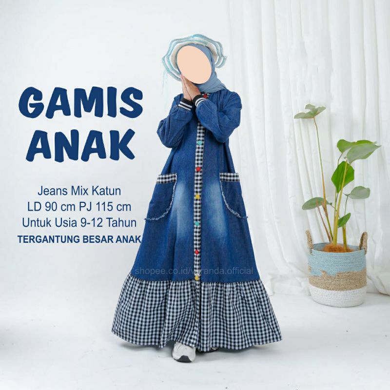 Gety Gamis Jeans Anak Perempuan Tanggung Umur 9-12 Tahun Remaja Rempel Susun Panjang Kotak