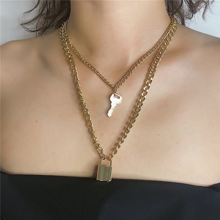 Kalung Wanita Gembok Kunci Emas Liontin Kalung Rantai Wanita Retro Korea Dalika
