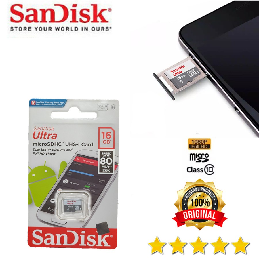 Memory Card Micro SD SANDISK 16GB Class 10 Speed 80 MBPS ULTRA SDHC