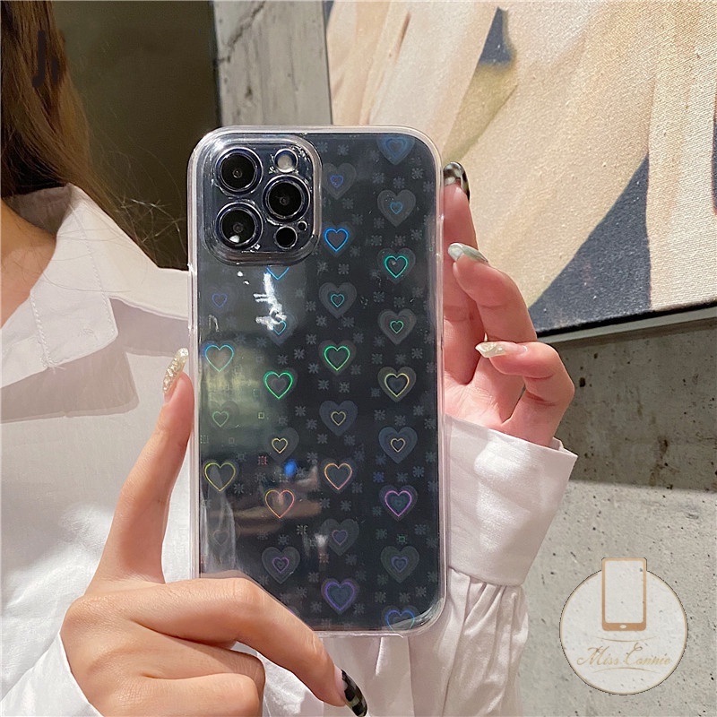 Soft Case Transparan Laser Motif Hati Untuk iPhone 6 6s 7 8 Plus XR 11 13 12 Pro XS Max X SE