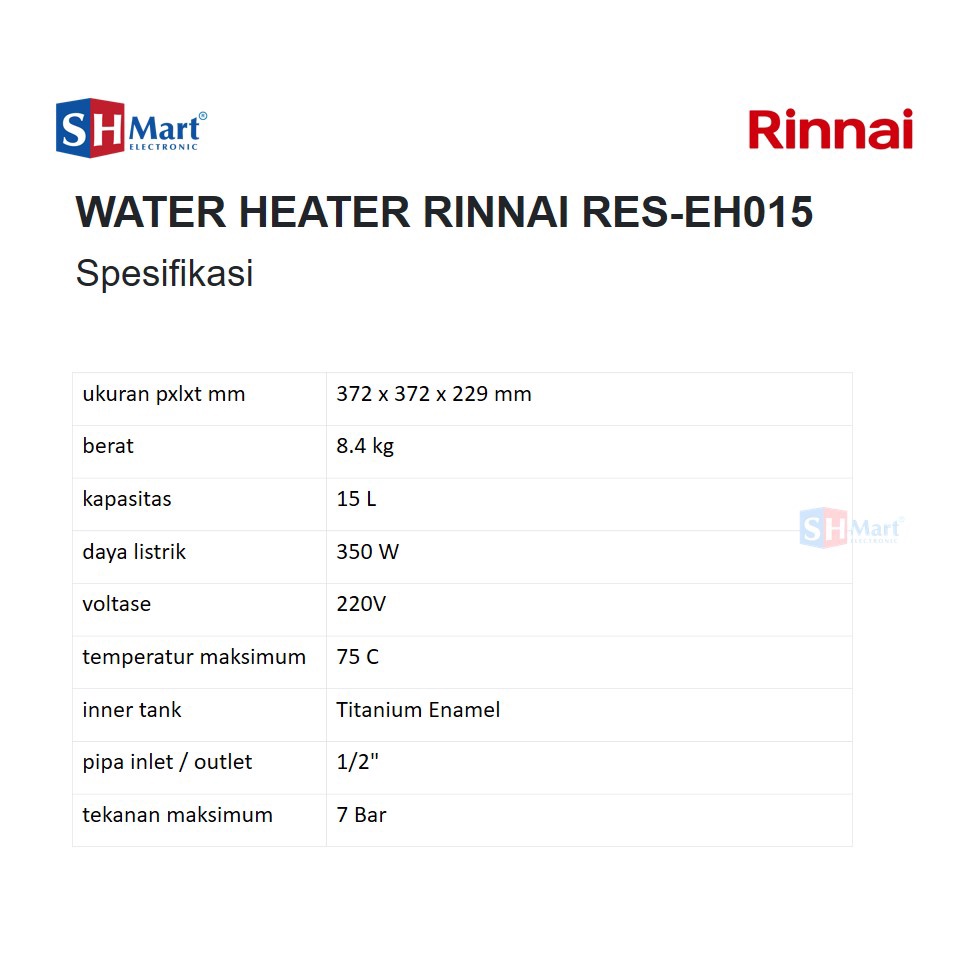 WATER HEATER PEMANAS AIR LISTRIK 15 LITER RINNAI RES-EH015(MEDAN)