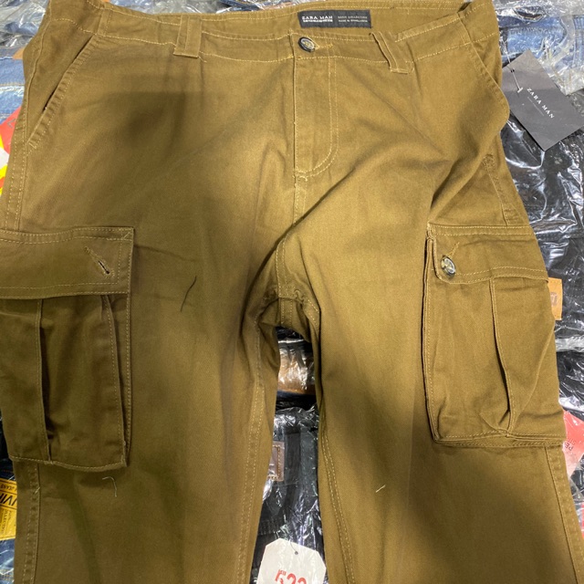 celana cargo pria panjang zara man hijau coklat gunung kantong banyak